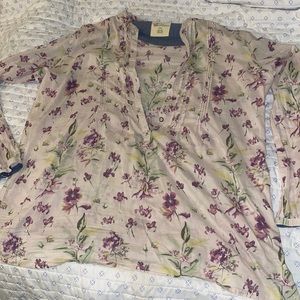 2X long sleeve half button up creamy color with a purple and green floral print